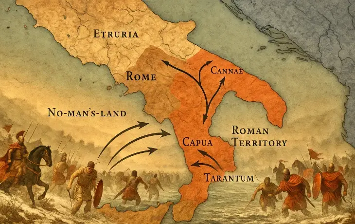 Hannibal’ın İtalya’daki ilerleyişini ve Cannae, Capua, Tarentum gibi kritik noktaları gösteren antik tarzda hazırlanmış bir harita; Roma toprakları ve hareket okları detaylı biçimde işlenmiş.